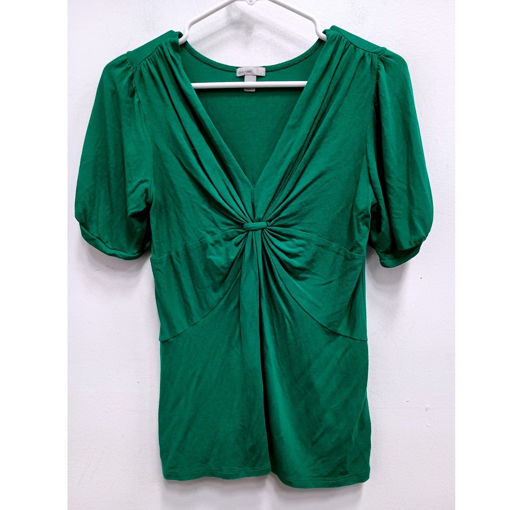 Y2K Old Navy Babydoll Top Womens Small Green Twist Front V-Neck Puff Sleeve